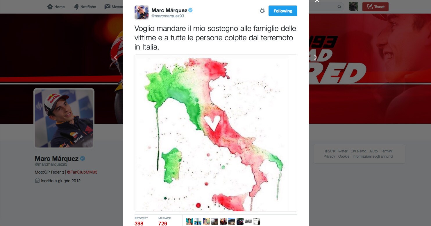 Da Marquez sostegno alle vittime del terremoto