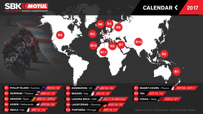 Superbike: annunciato il calendario (provvisorio) della stagione 2017