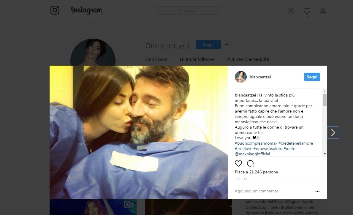 Max Biaggi migliora, dall'ospedale una foto con Bianca Atzei