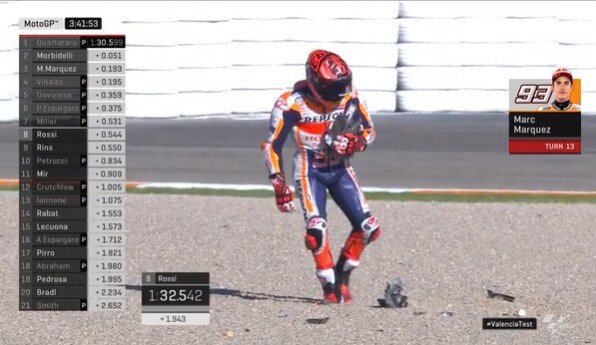 MotoGP test Valencia, scivola anche Marc Marquez: la Honda è distrutta