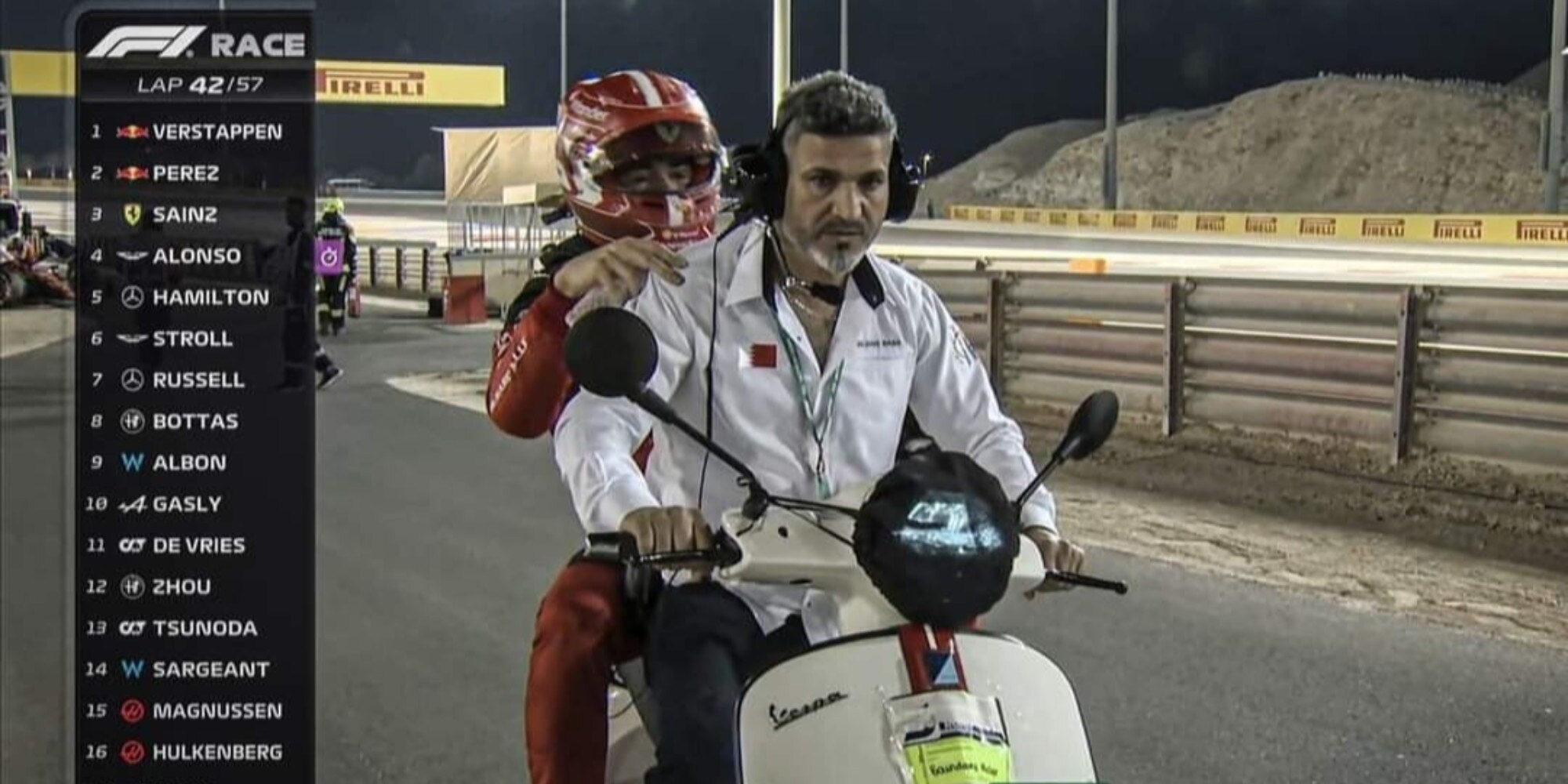 F1, GP Bahrain: Charles Leclerc finisce la gara in... Vespa