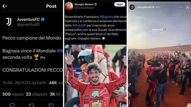 Meloni, Salvini, Juventus: tutti i complimenti social a Bagnaia