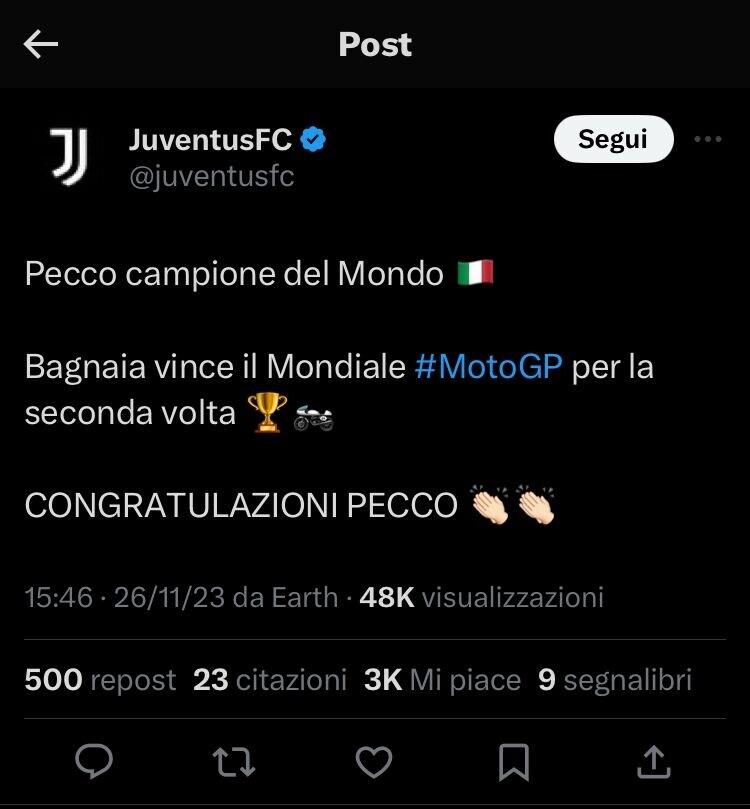 Meloni, Salvini, Juventus: tutti i complimenti social a Bagnaia