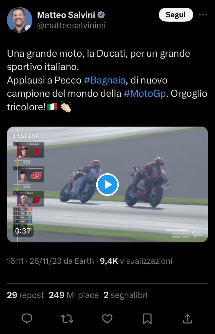 Meloni, Salvini, Juventus: tutti i complimenti social a Bagnaia