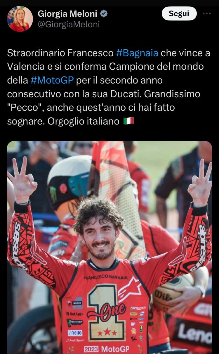 Meloni, Salvini, Juventus: tutti i complimenti social a Bagnaia