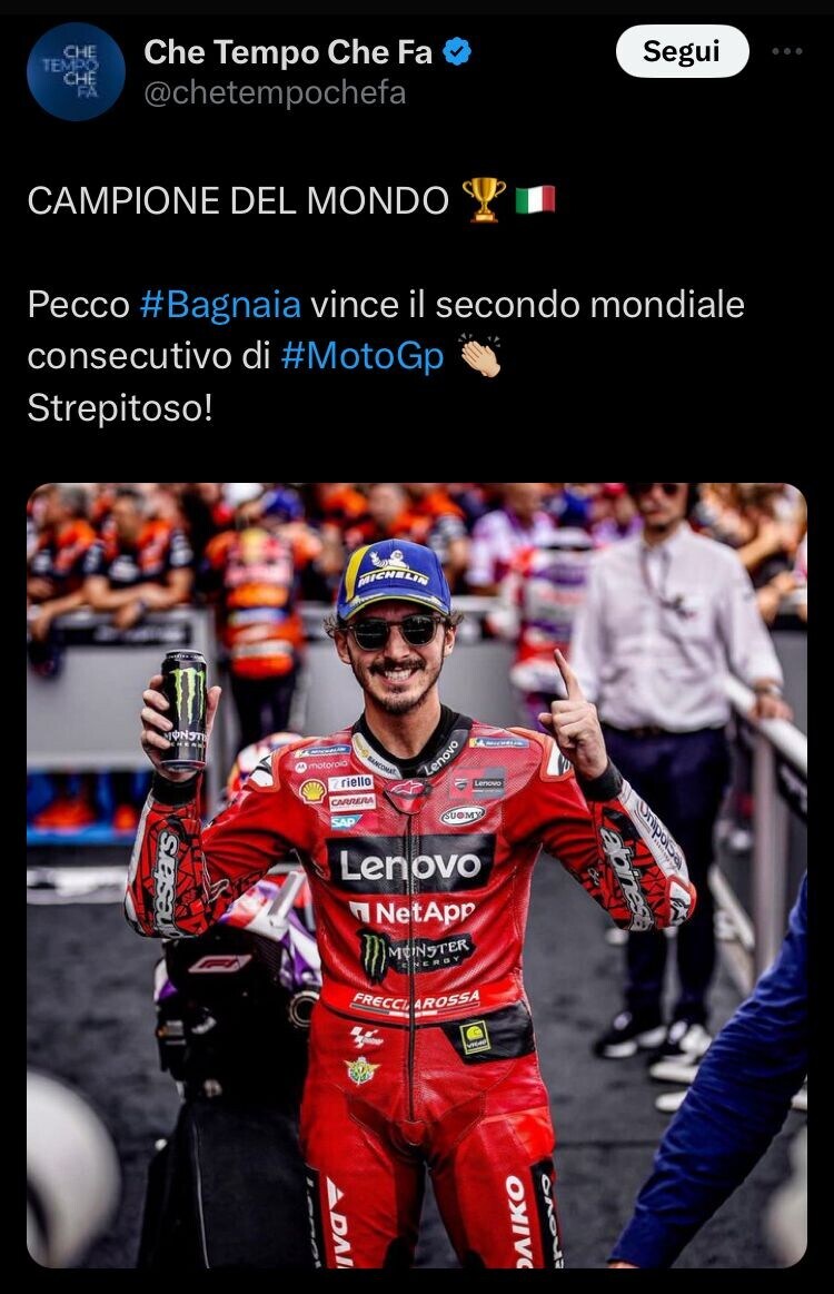 Meloni, Salvini, Juventus: tutti i complimenti social a Bagnaia