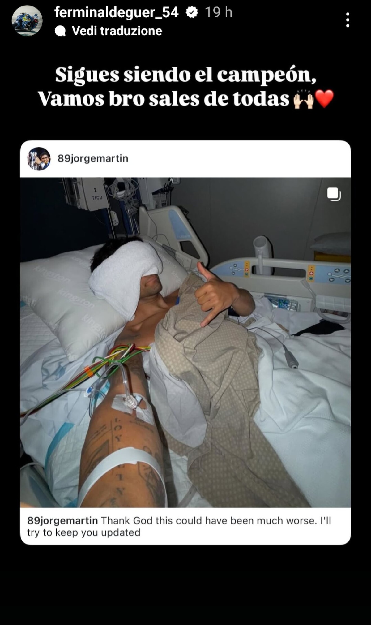 MotoGP: i messaggi di auguri all'infortunato Jorge Martin dai suoi colleghi