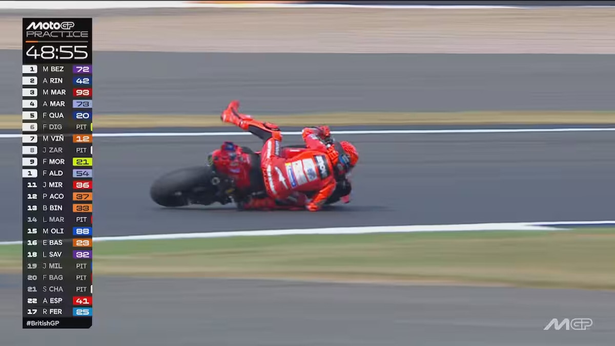 MotoGP, Marc Marquez, la sciocca caduta a Silverstone: le FOTO