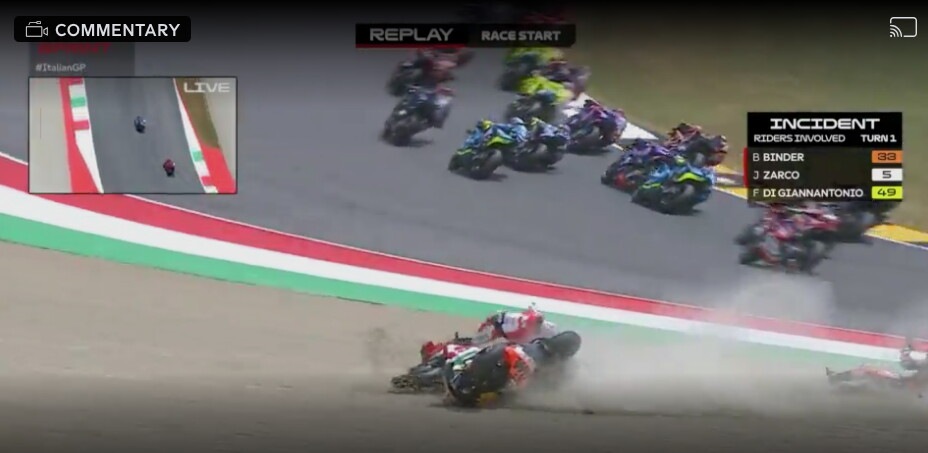 MotoGP, Sprint Mugello: incidente al via tra Di Giannantonio, Binder e Zarco