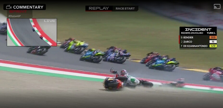 MotoGP, Sprint Mugello: incidente al via tra Di Giannantonio, Binder e Zarco