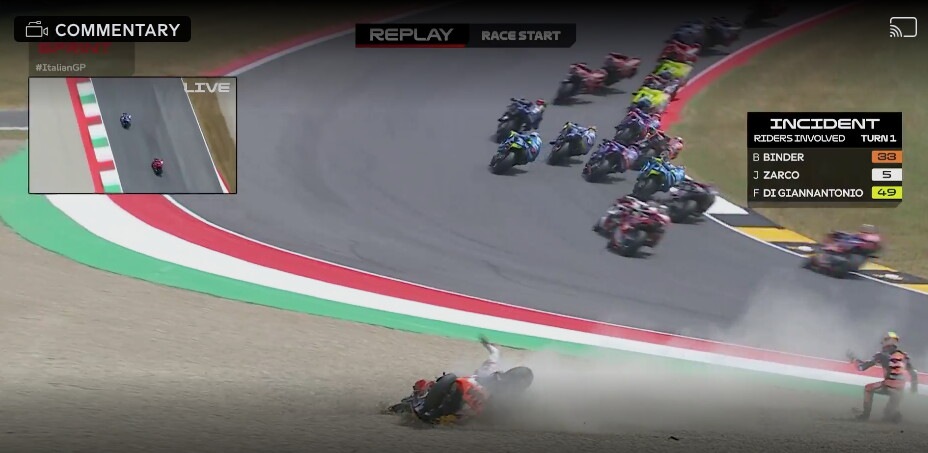 MotoGP, Sprint Mugello: incidente al via tra Di Giannantonio, Binder e Zarco