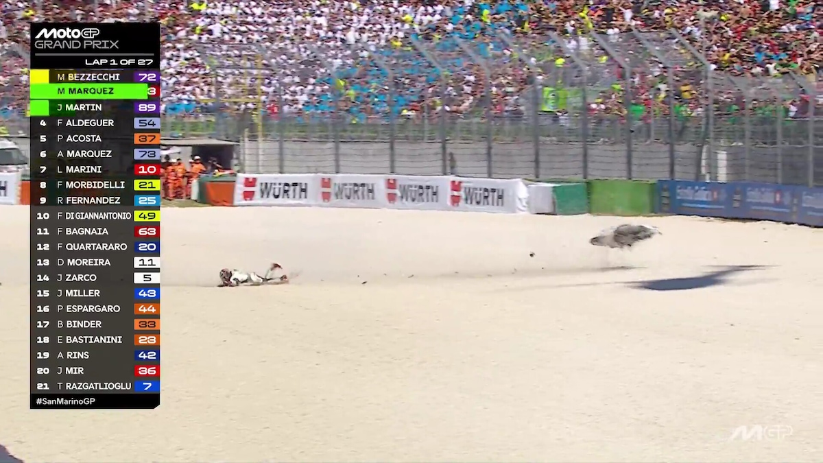 MotoGP, shock a Misano: Marco Bezzecchi cade mentre era in testa