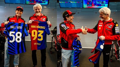 MotoGP, scambio di maglie di Barcellona e Inter tra Marc Marquez e Gigi Dall'Igna