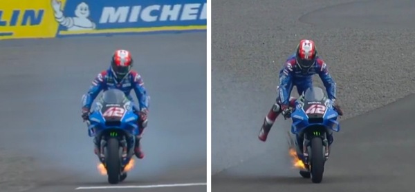 FP4 MotoGP infuocate: Rins salta giù dalla moto in fiamme