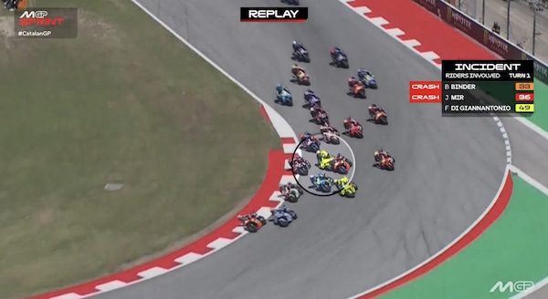 MotoGP Catalunya: la sequenza dell'incidente che ha visto coinvolti Di Giannantonio, Binder e Mir